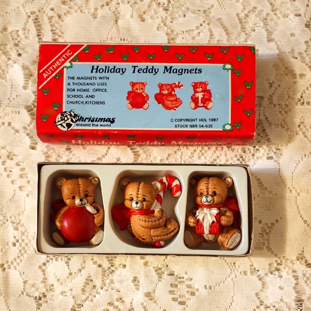 VINTAGE 1987 Holiday Teddy Magnets Set Of 3 Teddy Designs, Just Under 2 Inches